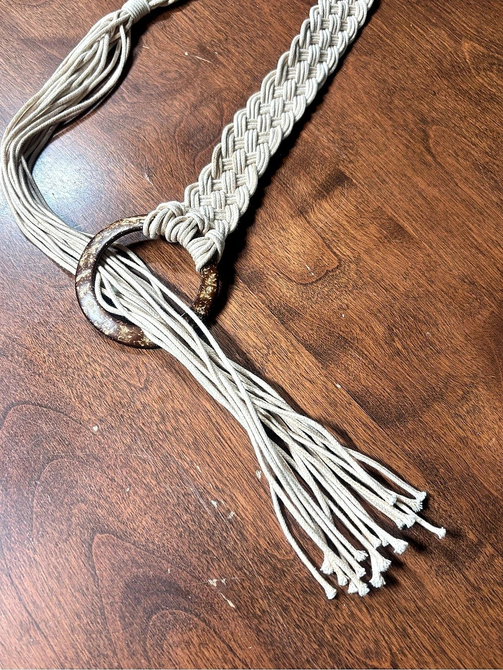 Vintage Boho Cream Macrame Braided Belt w/ Coconut Shell O-Ring & Fringe